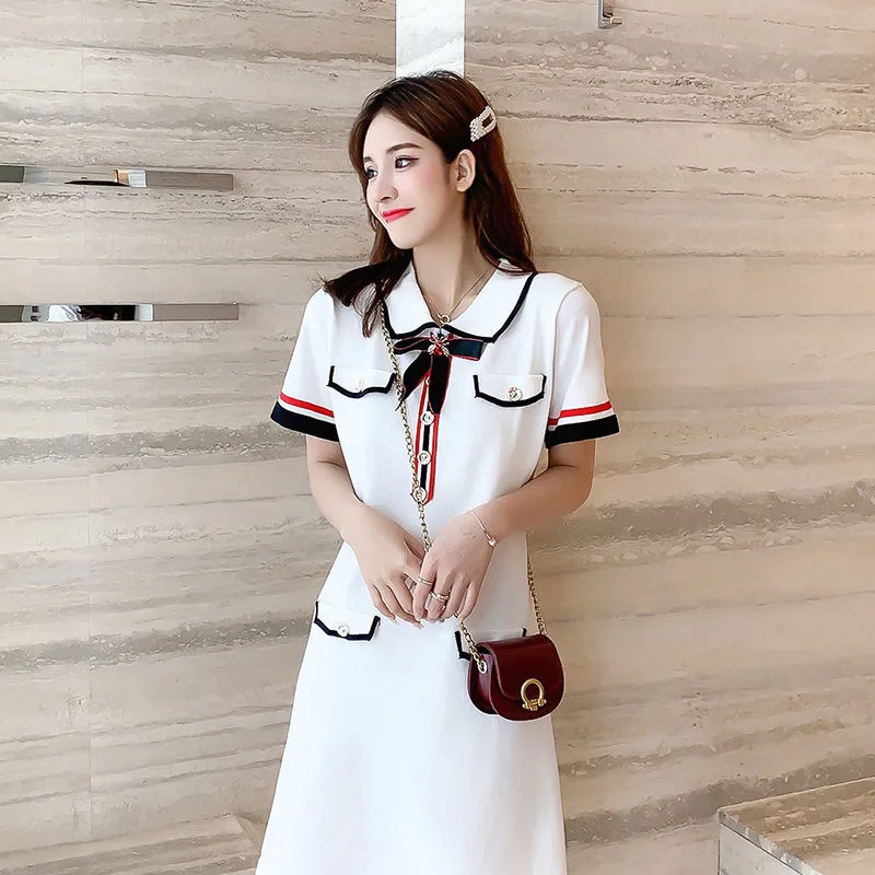 

Summer women's dress elegant 2024 new style small fragrance bow short sleeve dress ice silk temperament thin knitted skirt