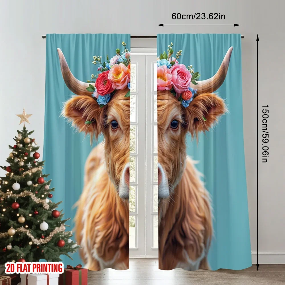 2pcs 2D flat printing Drapes Highland Cow Floral Crown Digital Printed Polyester Drapes Holiday Decorations for Photo Booths &