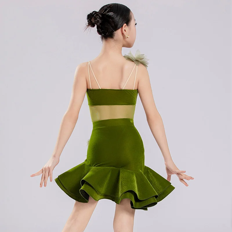 

Платье для соревнований по латинским танцам для девочек, детский комплект из боди цвета авокадо с бретельками и юбки с цветочным узором, тренировочные костюмы