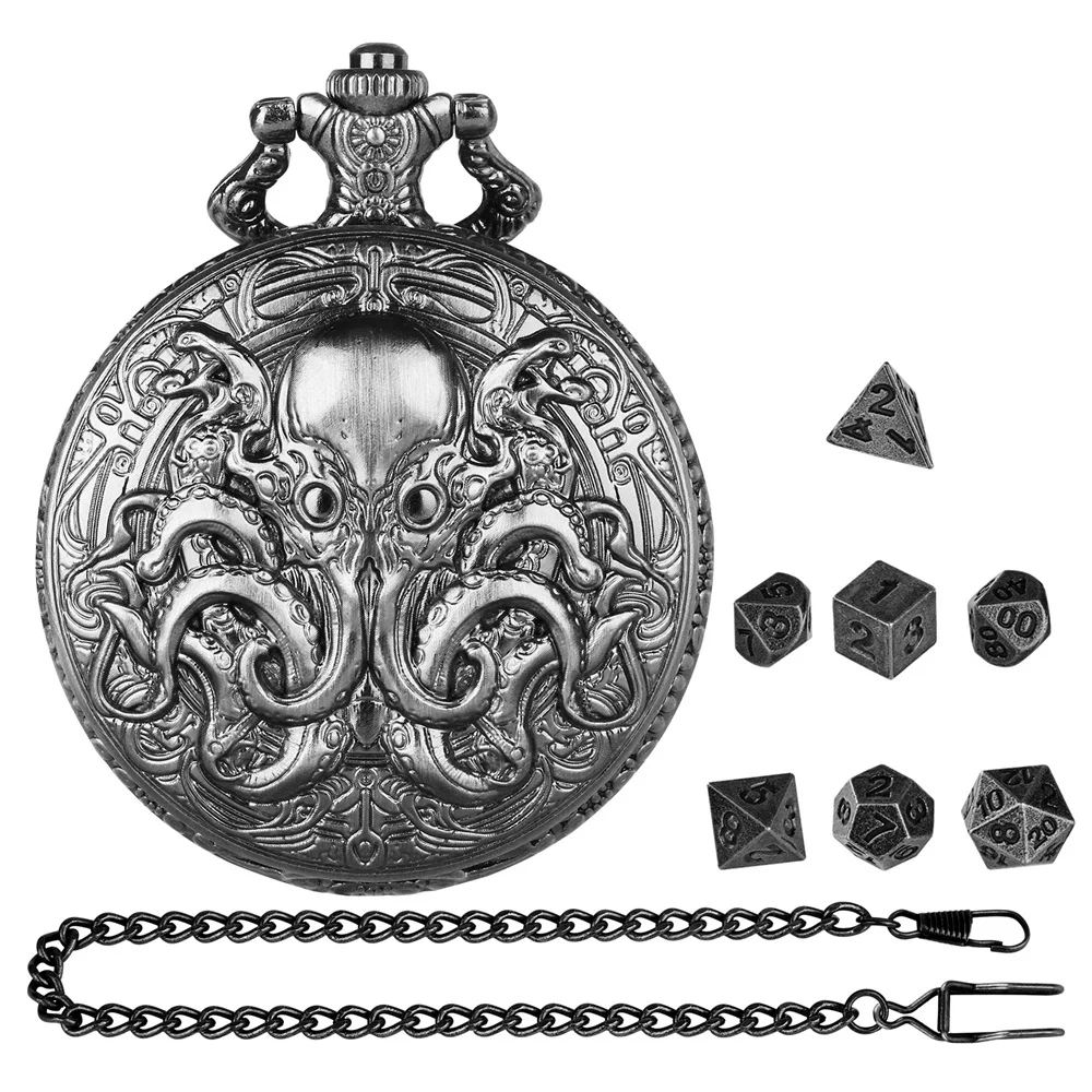 Vintage Octopus Pocket Watch Case Dices Set with Vintage Grey Black/Bronze Alloy Metal Mini Game Dices Fob Chain Pendant Gifts