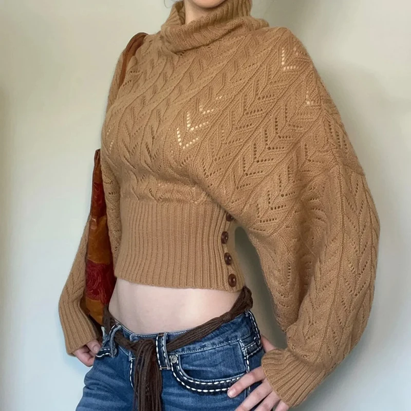 Vintage Streetwear Crop Knit Sweater Women Lazy Wind Hollow Out Button Pullovers American Retro Long Sleeve Y2K Hottie Jumpers