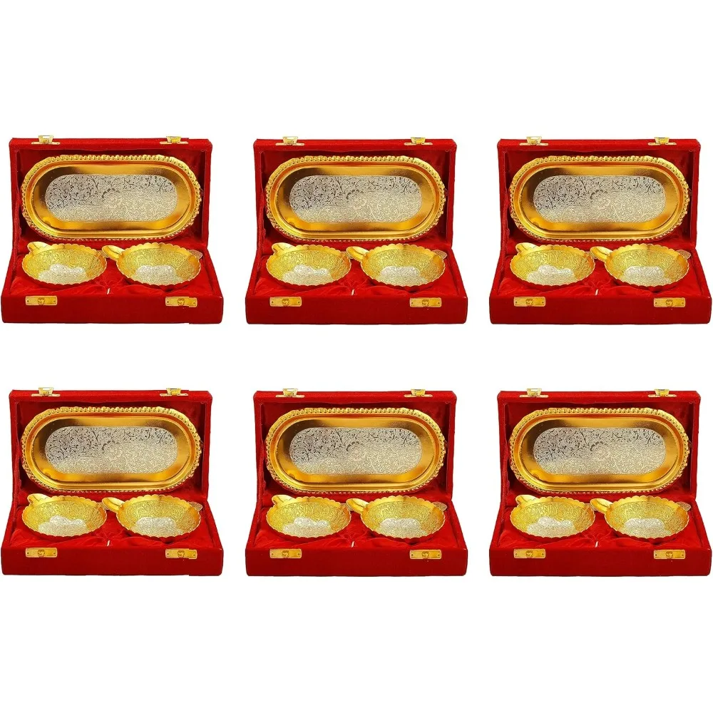 

Gold and Silver Plated Tray Set with Red Velvet Box Dessert and Dry Fruit Serving Sets