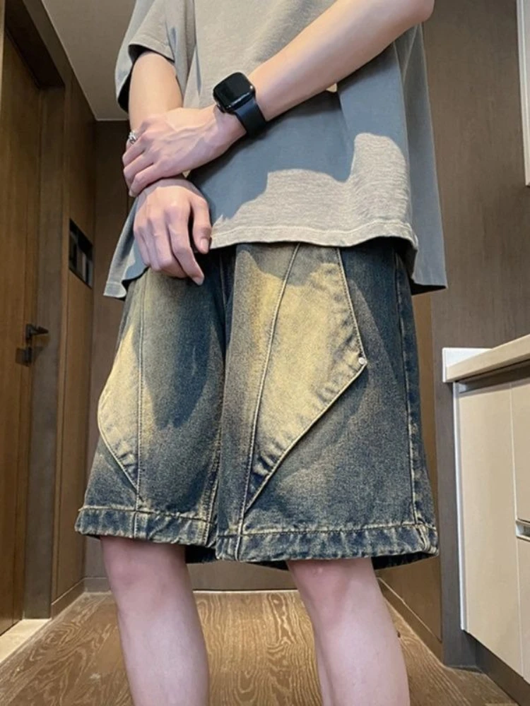 Celana Pendek Denim Setengah Pria Celana Jeans Pendek Pria Longgar Retro Hitam dengan Saku Jorts Xl Pakaian Jalanan Mewah Desainer Populer Tipis