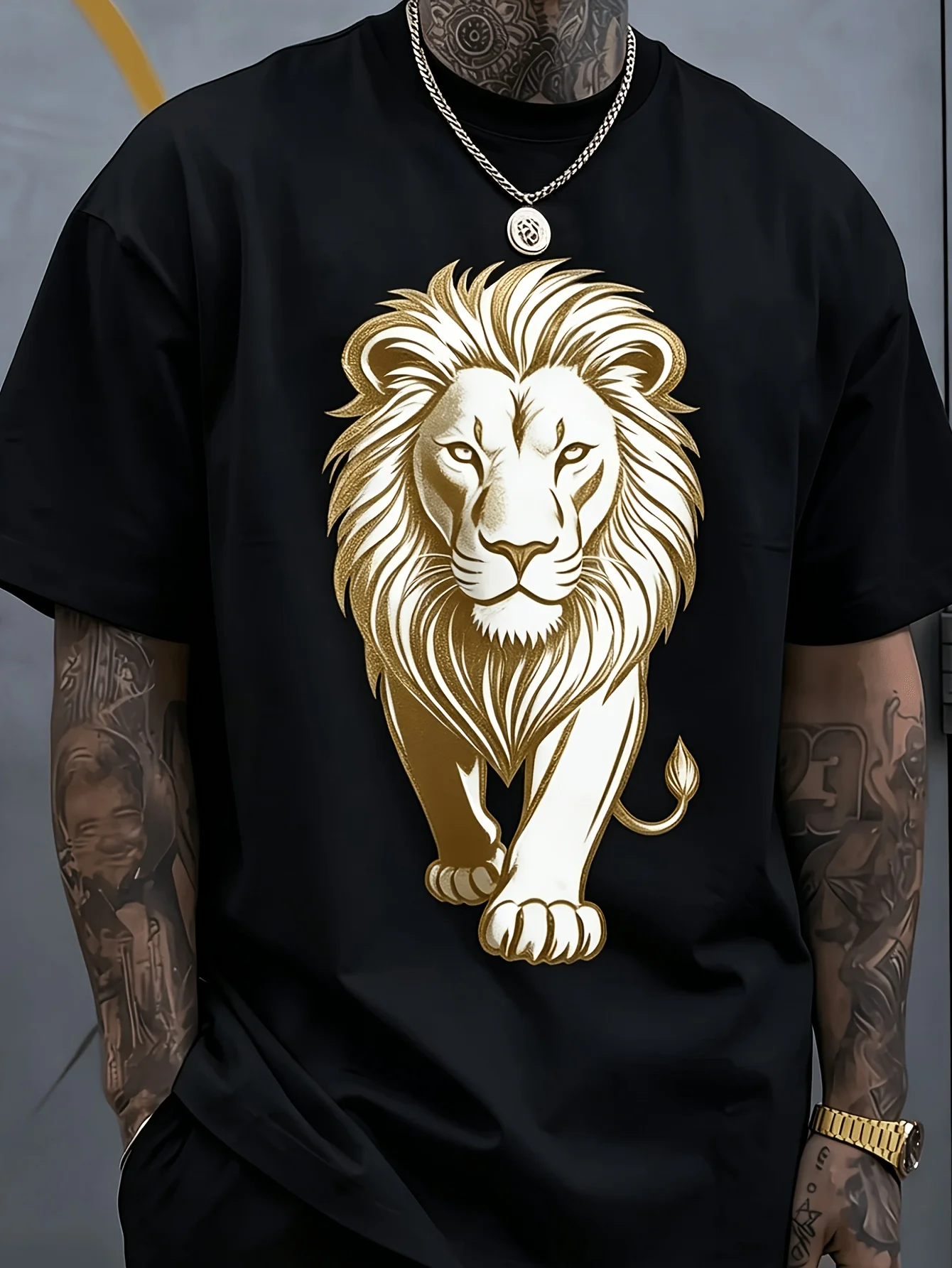 Lion Print T-shirt, Creative Abstract Graphic, Unique Design, Men'S Fashion Printed T-shirt, White, Pure, Short Sleeve, Crew Neck, Breathable, Suitable for Summer, Machine Washable Digital Heat Transfer Print