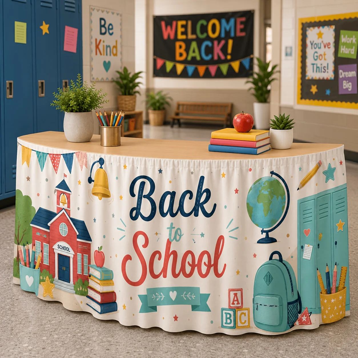 1 tablecloth table skirt, soft cartoon homecoming table skirt, red school bell globe star printed tablecloth