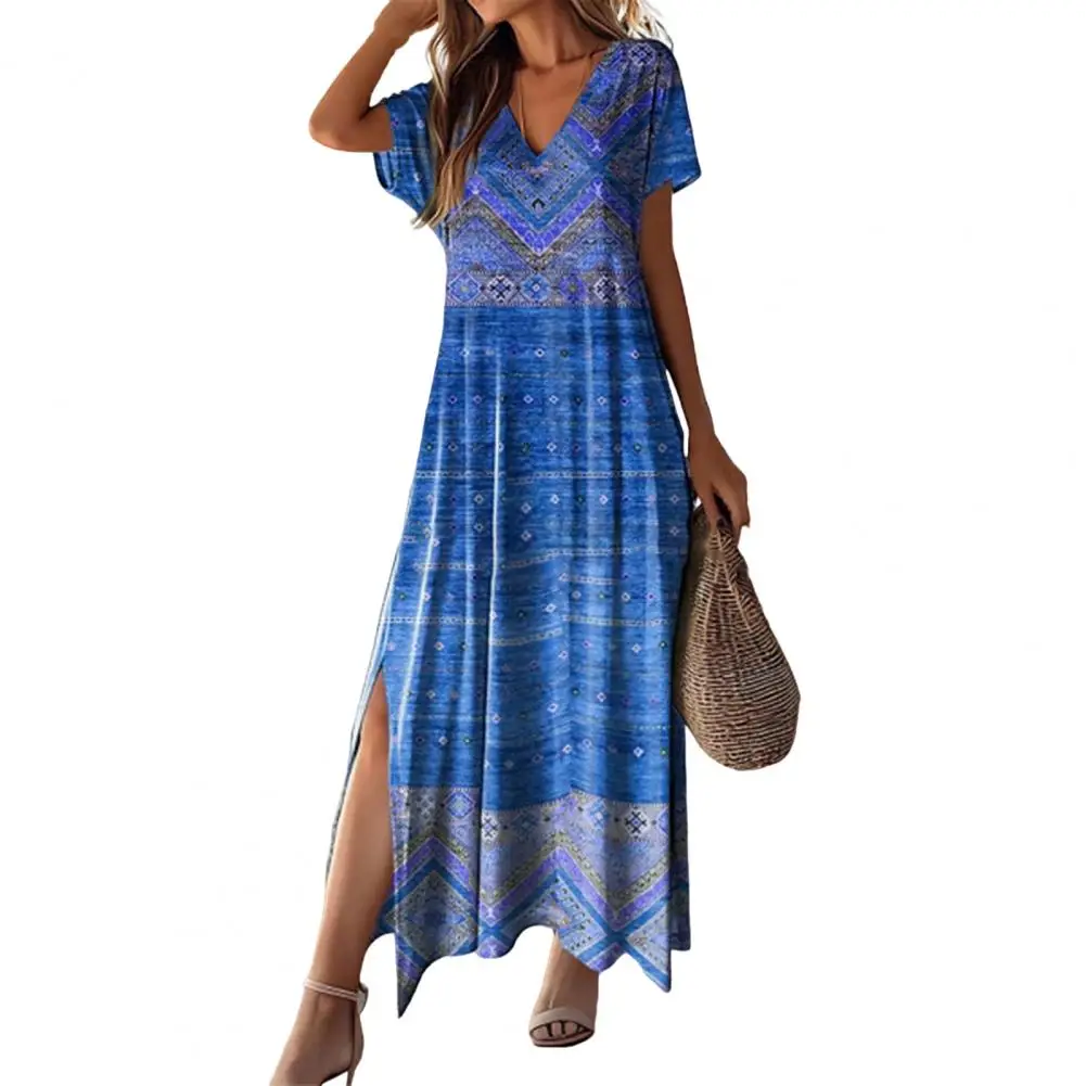 

Elegant Summer Women Dress Bohemian Side Split Retro 3D Printed Loose V Neck Short Sleeves A-line Maxi Dress