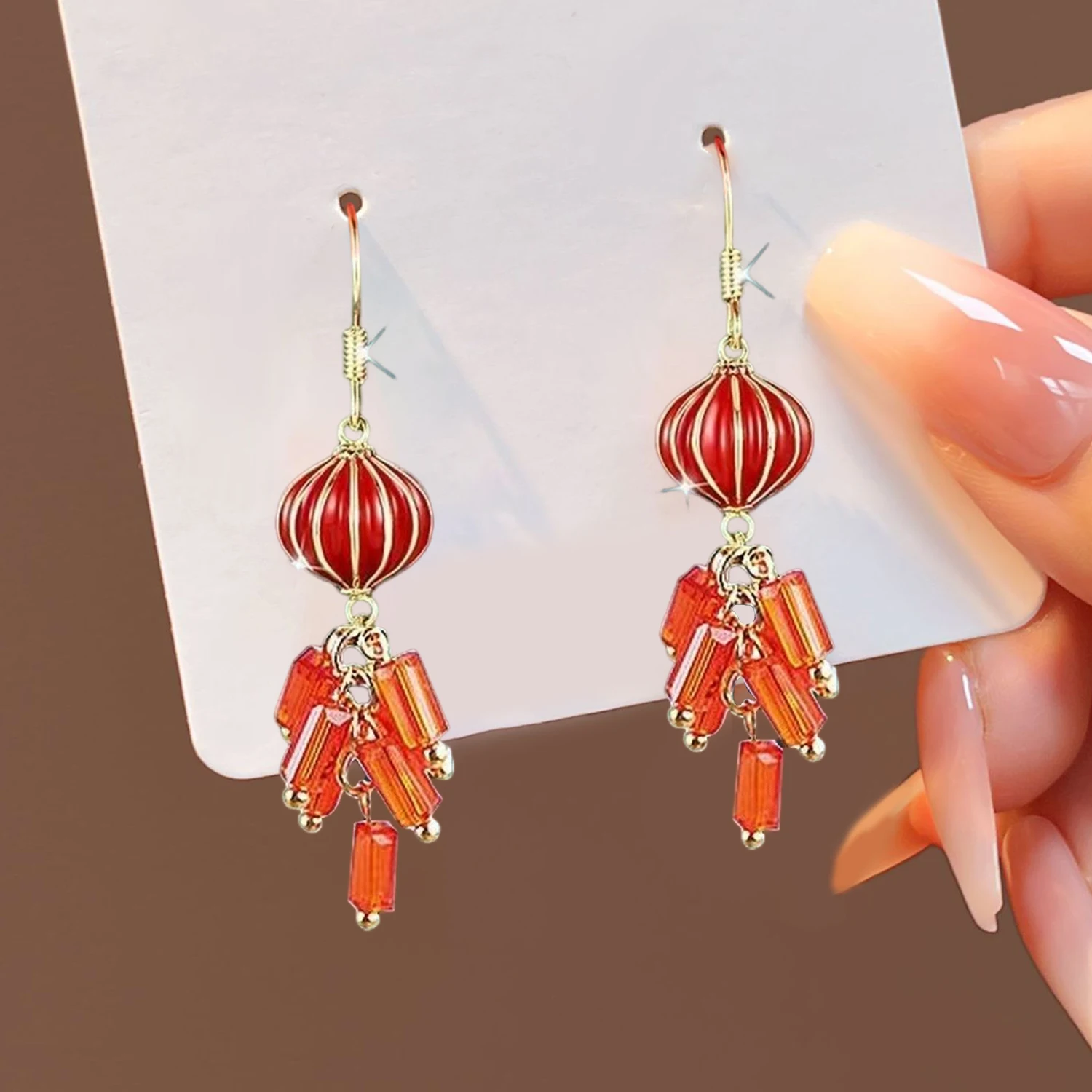 Chinese Style Personality Long Firecracker Earrings Female Simple Atmosphere 2024 New Year Red Lantern Net Red Earrings