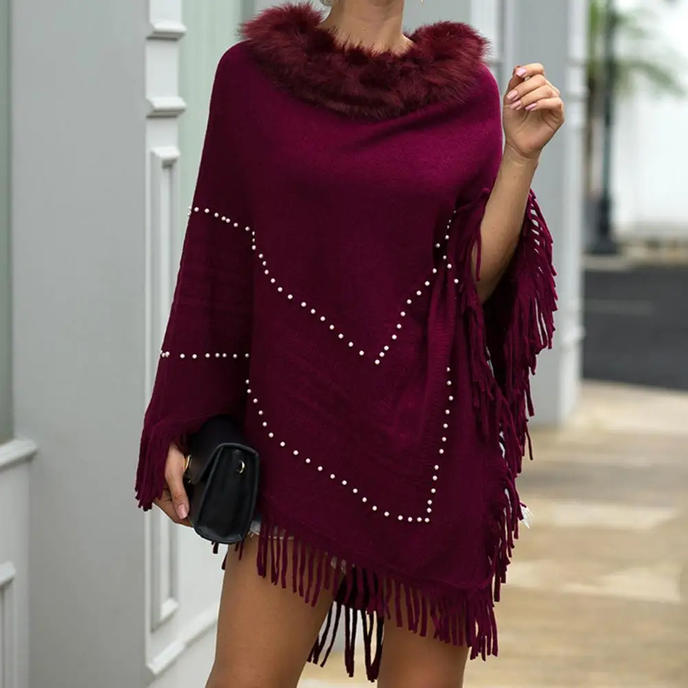 

Plush Collar Poncho Women Cape Knitted Tassel Blanket Batwing Sleeve Thick Plush Cloak Coat Sweater Coat Women Neckerchief