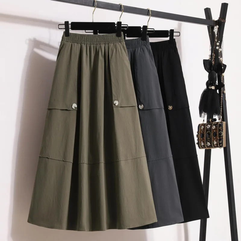 Saia com elástico de cintura alta feminina, monocromática, casual, elegante, vintage, temperamento, moda, estilo coreano, novo, verão