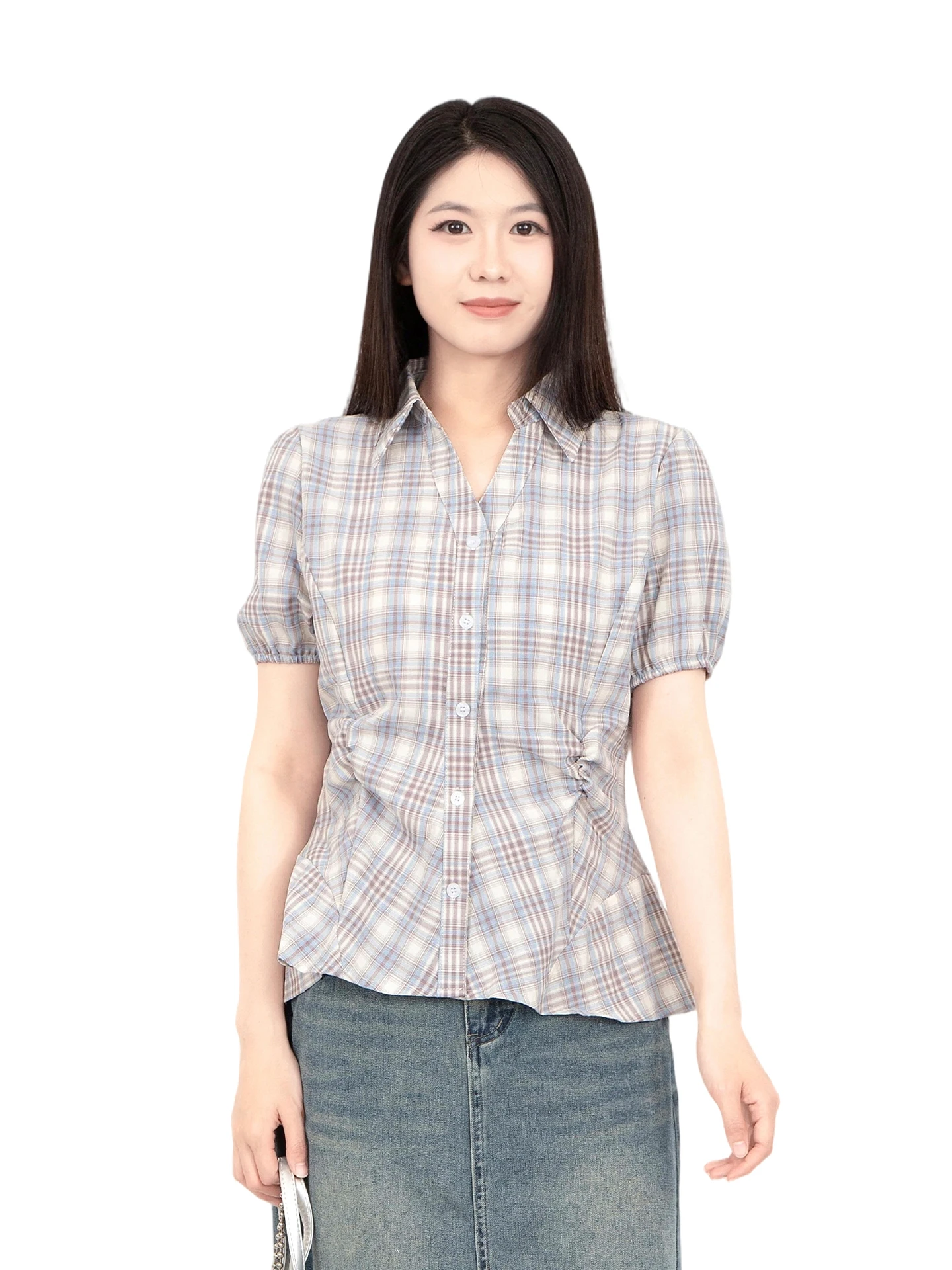 

Summer 2026 plus Size Korean Style Plaid Color Block Short Sleeve Shirt Sweet Checkered Bubble Sleeve Women's Casual Top