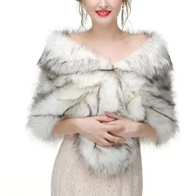 

652F Elegant Bridal Shoulder Wrap Winter Wedding Accessory Polyester Artificial Furs Shawl Easy Care Practical