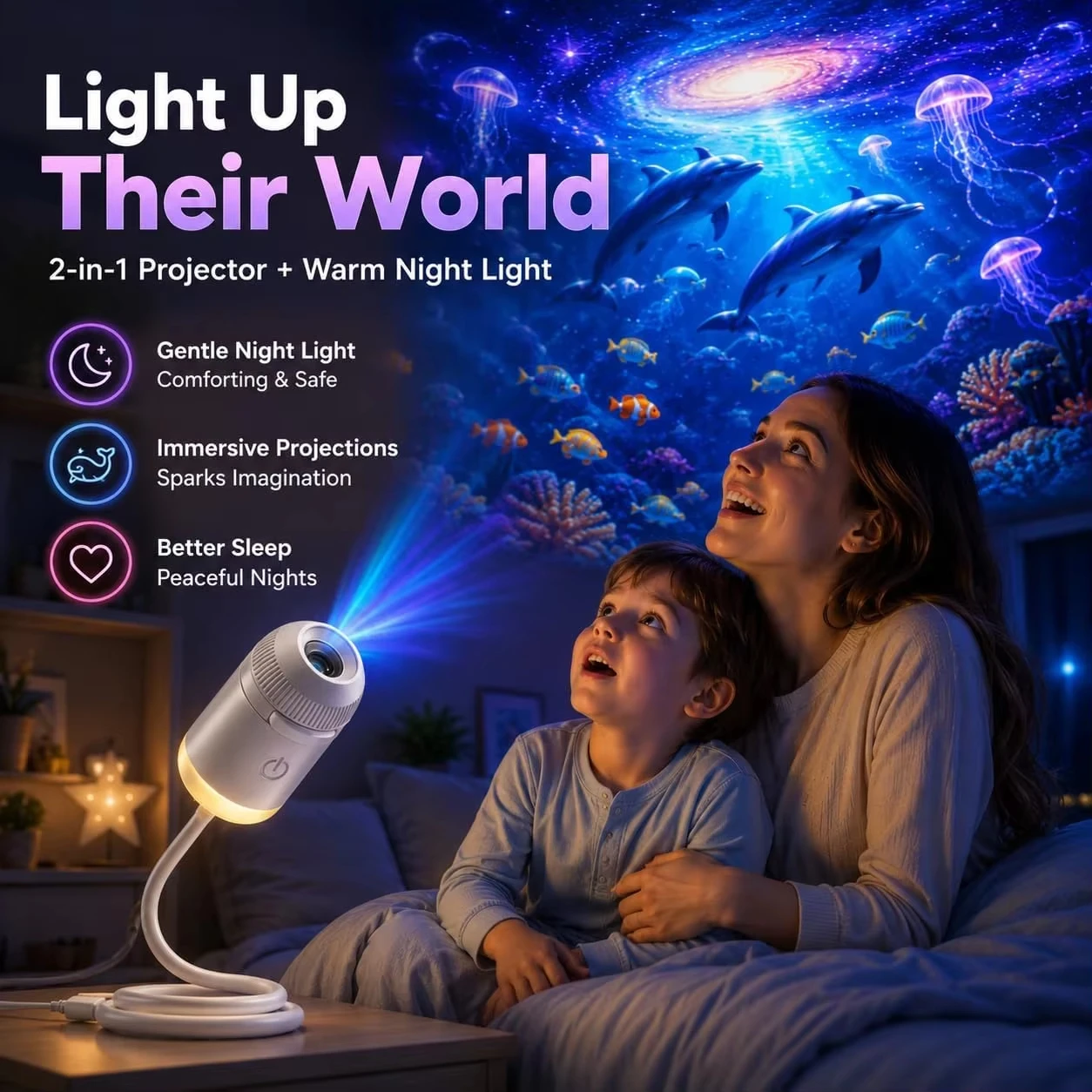 HD Smart Dynamic 5D Holographic Night Light Projector, 2-in-1 HD Plug and Play Galaxy Projector Portable Night Light Projector