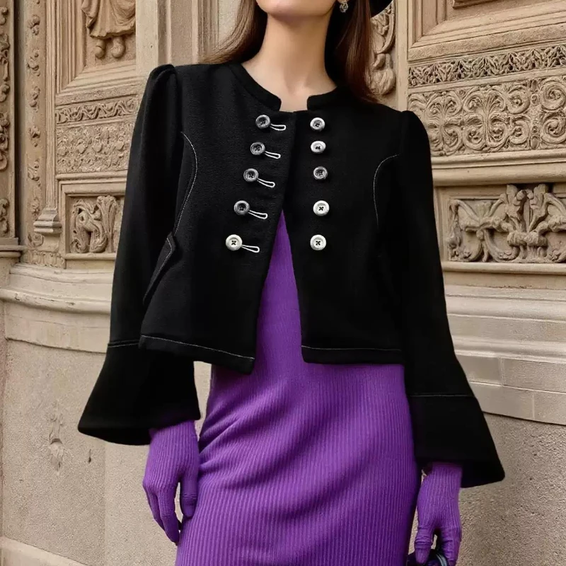 Thick Double Breasted Retro Flared Sleeve Doll Style Short Jacket for Women in Autumn and Winter