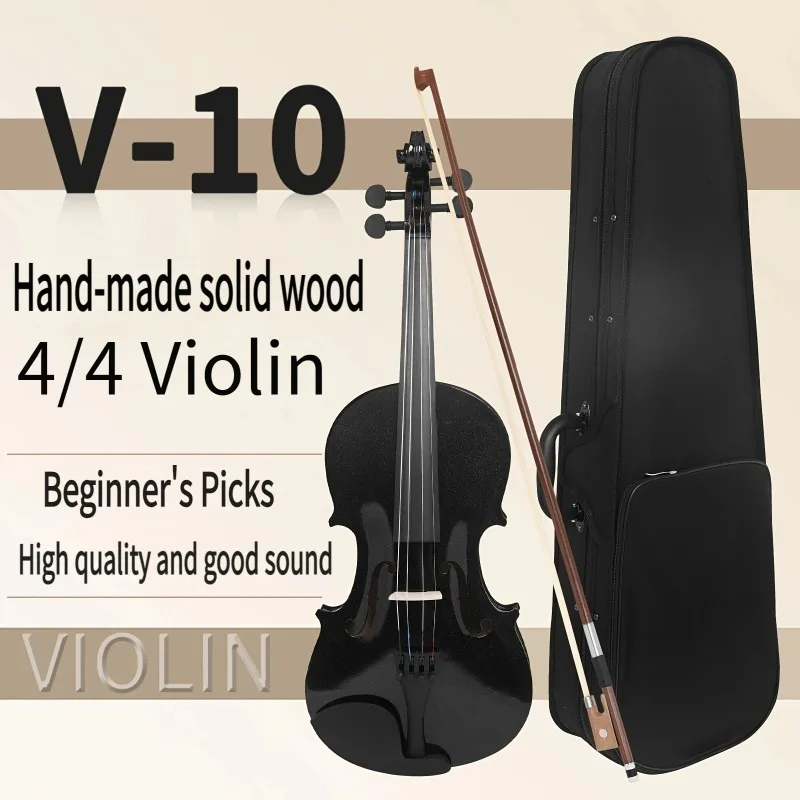 

V-10 Beginner's Acoustic Violin Set, Handmade Solid Wood 4/4 Full Size with Polished Finish, with Case & Bow for Beginner
