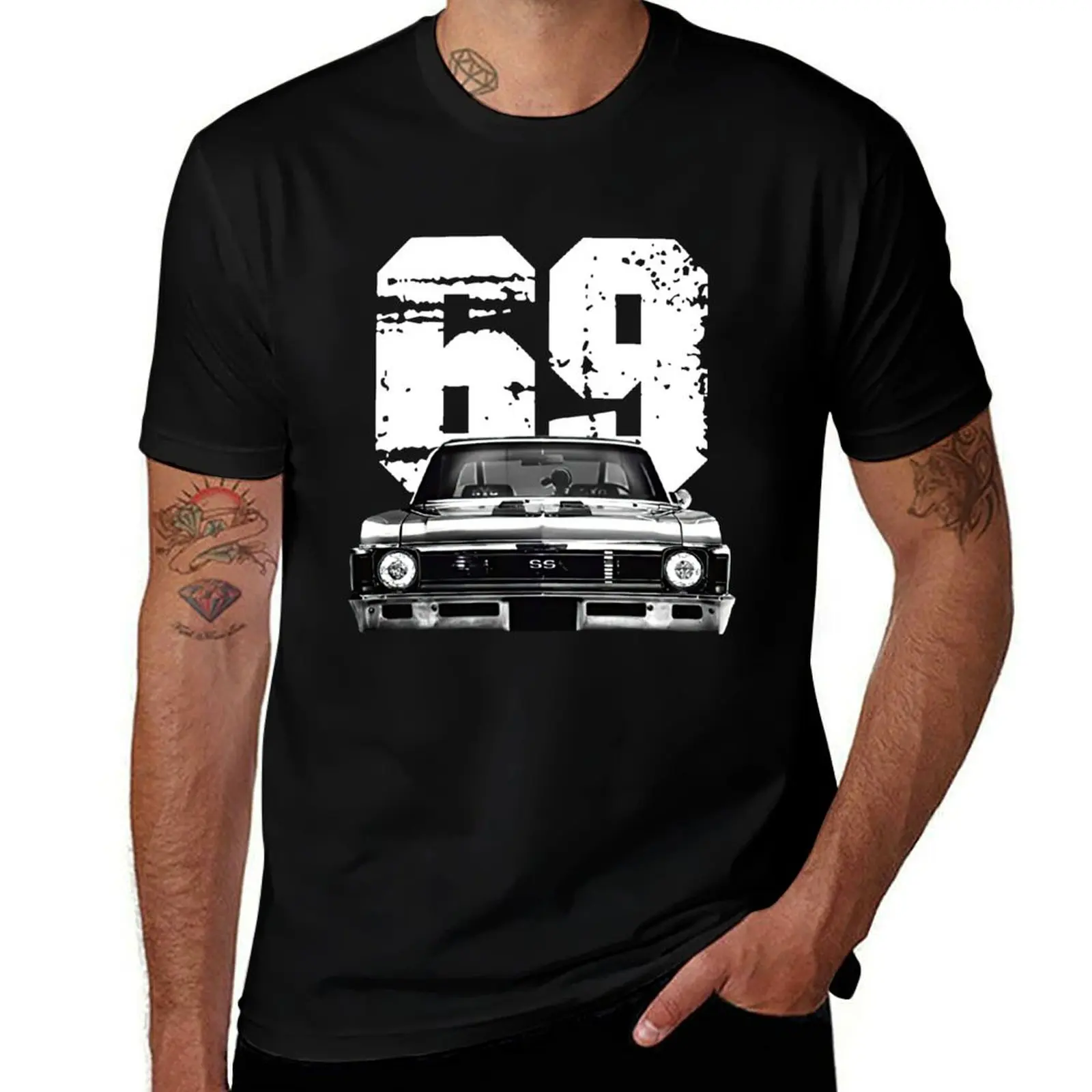 1969 Chevy Nova Front Grill View Silhouette with White Year T-Shirt man t shirt anime tshirt plain t shirts men