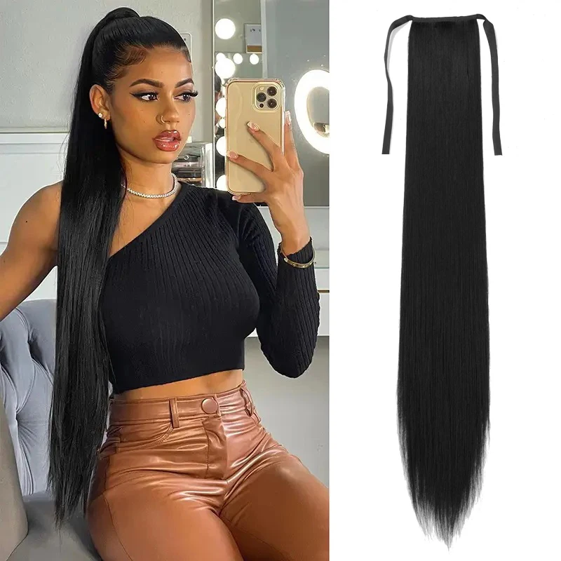 Extension capillaire synthétique longue et lisse avec cordon de serrage, postiche à enrouler autour de Clip, postiche noire brune blonde pour femmes