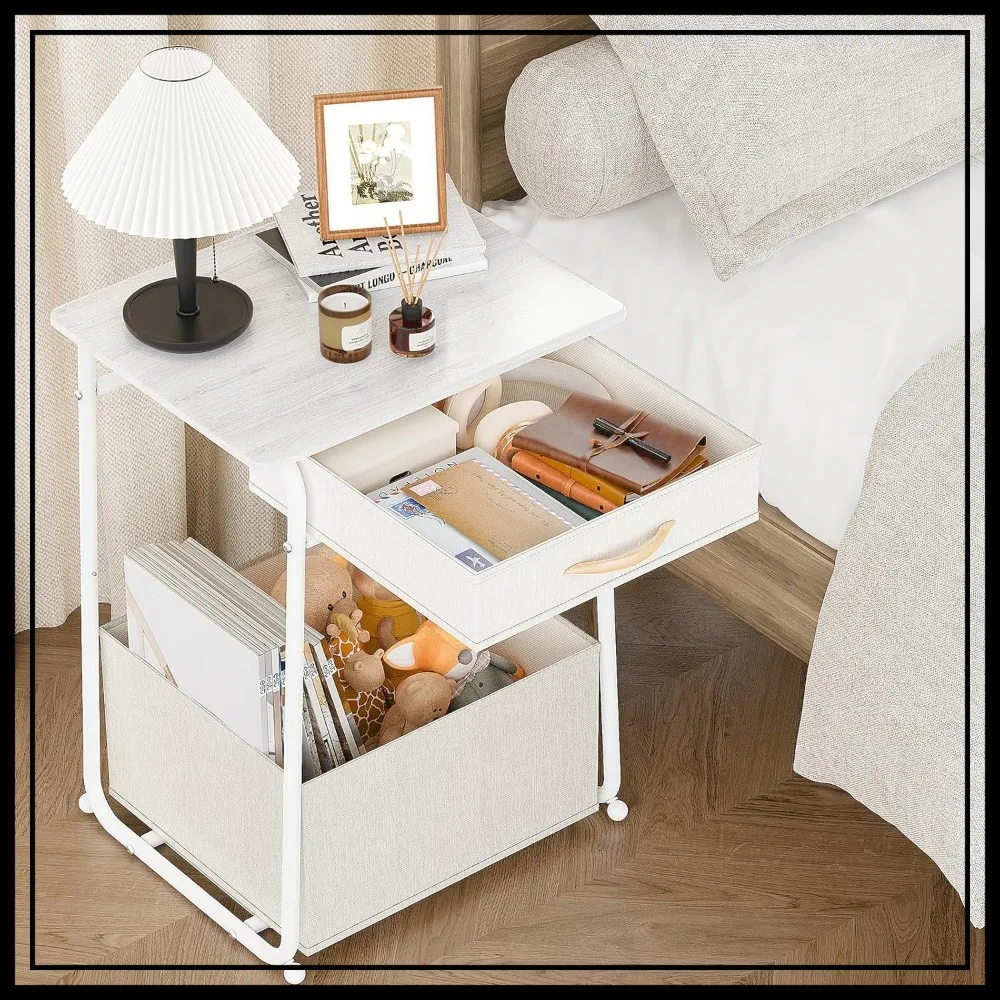 3-Tier Nightstand with Storage Basket & Drawer, Modern Square Side Table for Living Room, Bedroom, White