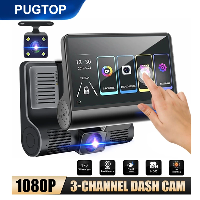 4 Inch Touch Screen Car DVR 1080P Dash Cam 3 Channel Front Inside Rear Camera Recorder Night Vision Loop Recording G-Sensor