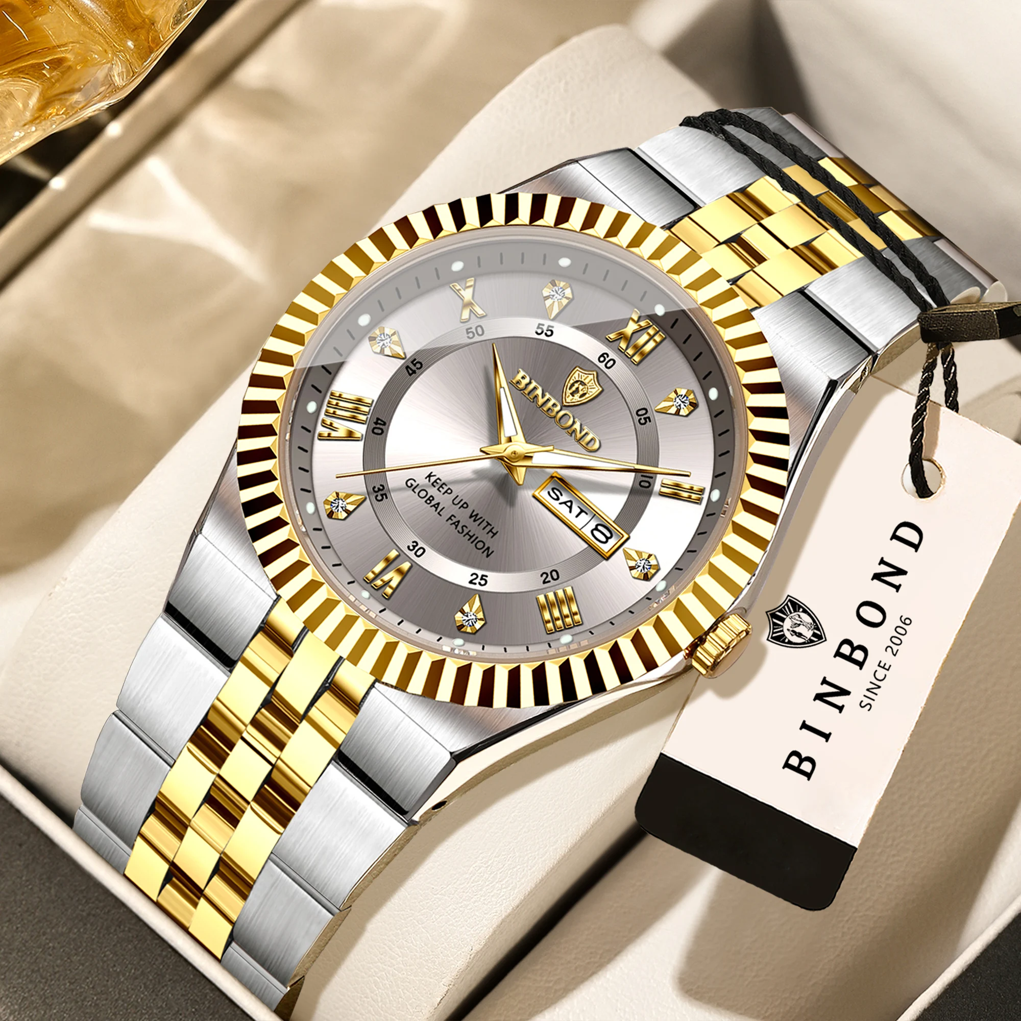 BINBOND Scratch-Resistant Quartz Wristwatches For Men Luxury Luminous Waterproof Men's Watch Stainless Steel Reloj Hommes +Box
