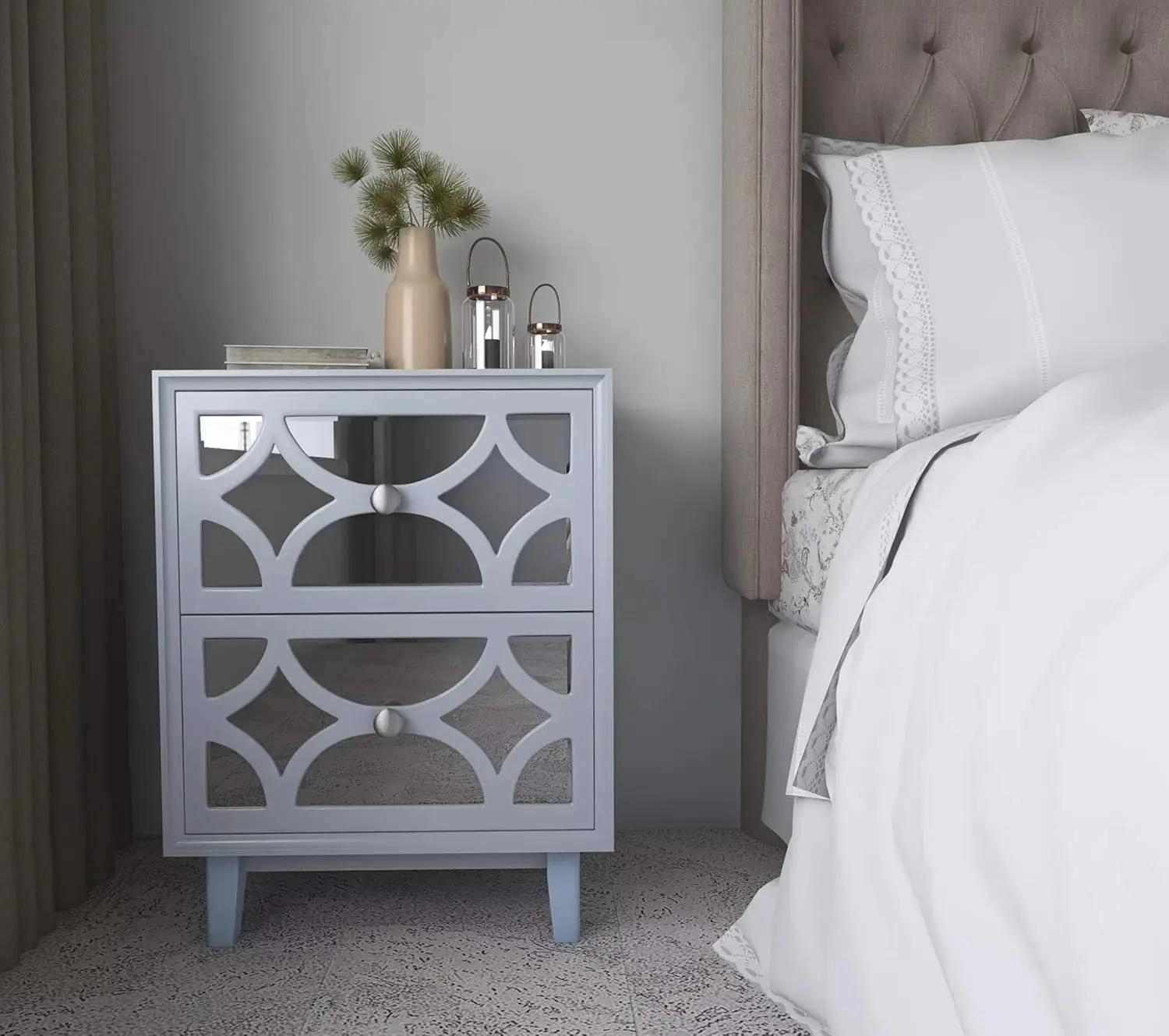 Modern Contemporary Nightstand 2-Drawer Front Mirror Nightstand for Small Spaces Bedroom Light Gray Metal knobs round