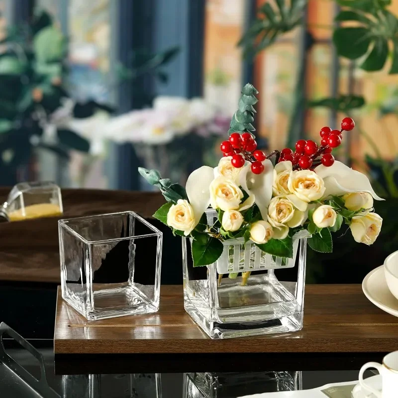 8 Pieces Square Glass Vase 6X 6 x 6 Inch Clear Cube Vase Wedding Flower Vase Floating Candle Holders for Centerpiece Home