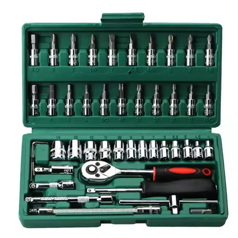 Kit de herramientas de reparación de automóviles, juego de enchufes, llave dinamométrica de trinquete, Combo, caja de herramientas, 46 piezas