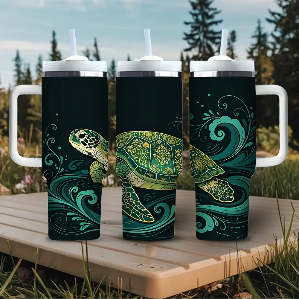 40oz Tumbler with Handle, Green Sea Turtle And Wave Print Cup for Hot And Cold Drinks, Perfect for Outdoor Travel And Daily Use, Ideal for Sea Animal Lovers