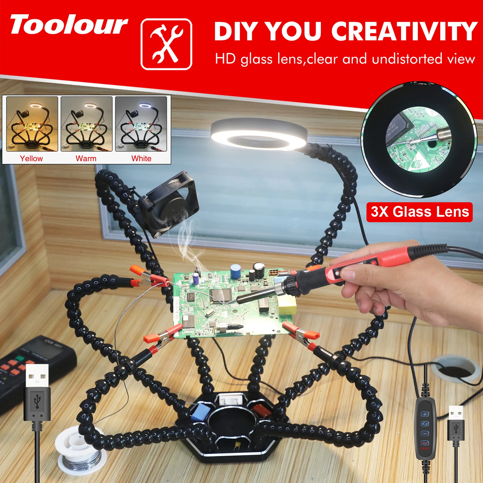 Toolour Soldering Helping Hands Third Hand Tool with 3X Magnifier LED Flashlight USB Welding Smoke Exhaust Fan for PCB IC Repair