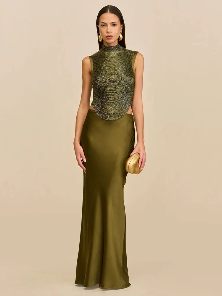 Conjunto de Falda Larga y Top Corto con Borlas de Satén GACVGA, Elegante, Sexy, sin Mangas, para Mujer, Top Ajustado, para Fiesta de Verano