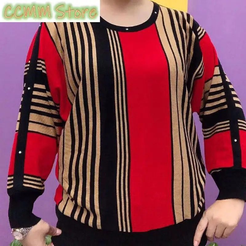 

Women's Spring Autumn Contrasting Colors Striped Tops Causal Commute Stylish Rivets O-Neck Knitted Long Sleeve Vintage Pullovers