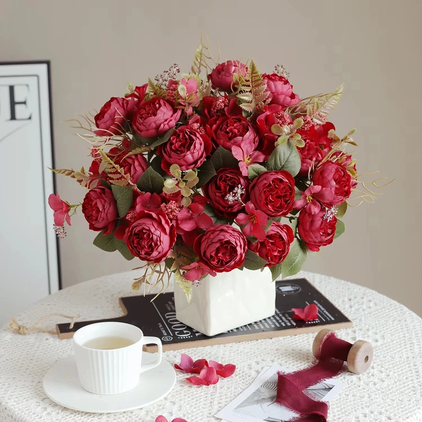 

1PC Artificial Flowers Wedding Party Home Bedroom Table Decoration Bridal Bouquet Garden Fake Silk Peony Hydrangeas Vase Outdoor