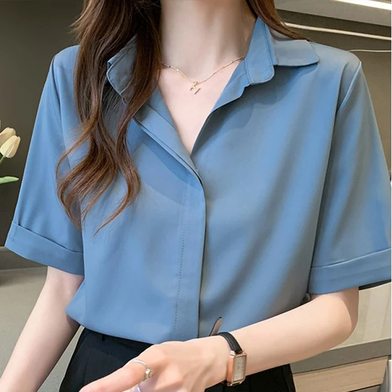 Summer New Korean Style Solid Color Elegant Fashion Women\'s Shirt Aesthetic Casual Loose Blouse Female Chic Office Lady Pullover