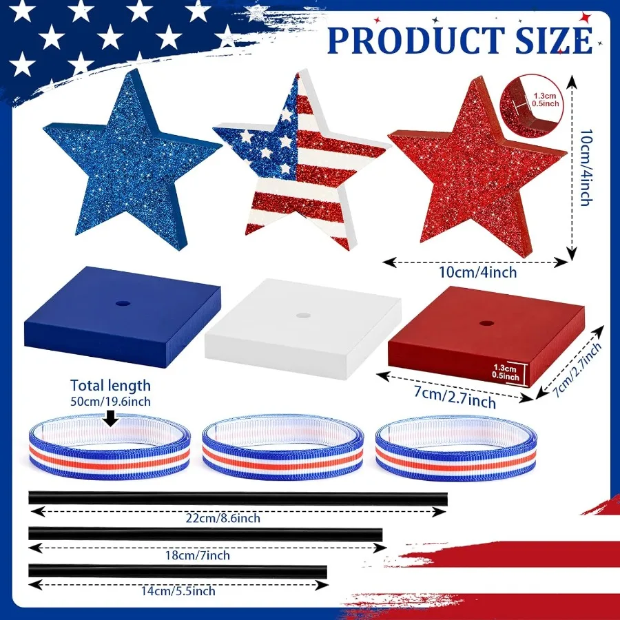 3 PCS Dekorasi Meja 4 Juli Set Bintang Kayu Dekorasi Nampan Bertingkat Hari Buruh Hari Veteran Hari Peringatan Dekorasi Meja Merah Putih