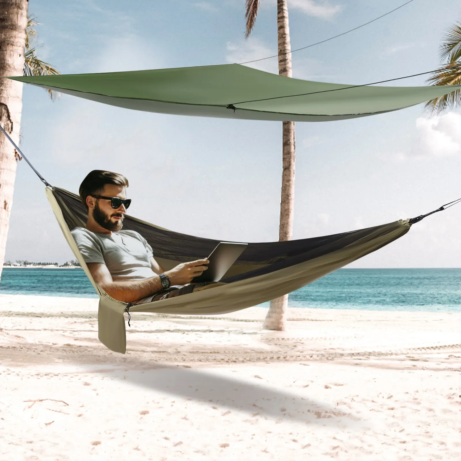 

Hammock with Mosquito Net, 2-in-1 Reversible Design, Waterproof, Sunshade, Breathable, Lightweight, Easy Setup for Camping and