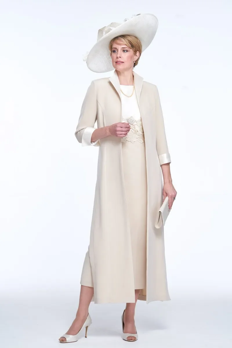 エレガントなツーピース花嫁の母ドレス茶丈レースアップリケサテン結婚式のゲストドレスジャケット付き