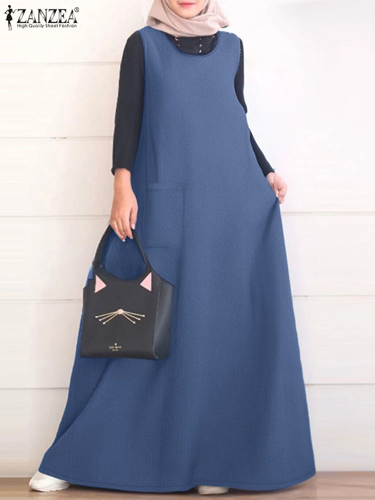 2025 zanzea muçulmano abaya hijab vestidos moda verão sem mangas macacão dresswomen vintage sólido denim azul vestidos de verão