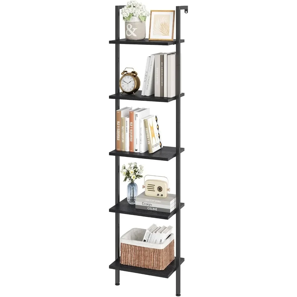 

Ladder Shelf, 5-Tier Wood Wall Mounted Bookshelf with Metal Frame, Vintage Open Display Organizer Rack, Leaning Storage Shelves