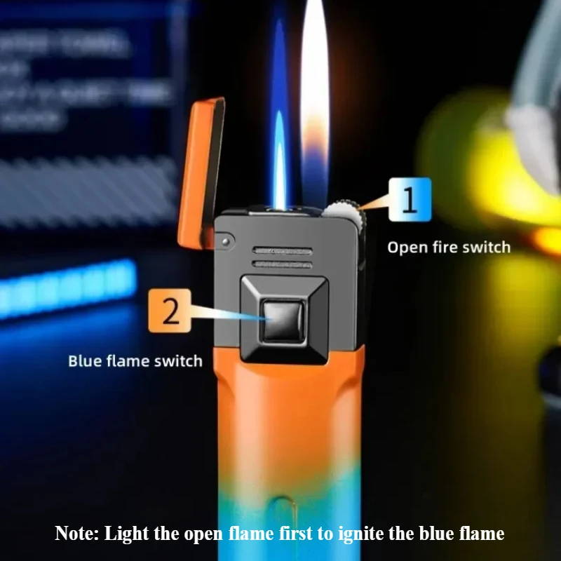 Blue Flame Metal Lighter Gradient Gas Grinding Wheel Double Flame Inflatable Open Flame Switch Men's Cigarette Accessories Gift