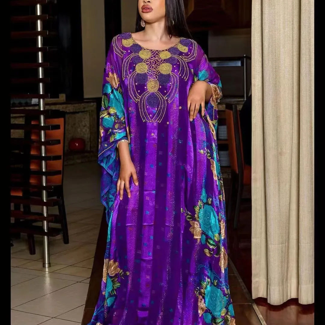 

2023 Plus size Luxury Purple African Sequins Maxi Dress for Women Elegant Lady Wedding Evening Party Dresses Muslim Kaftan Robe