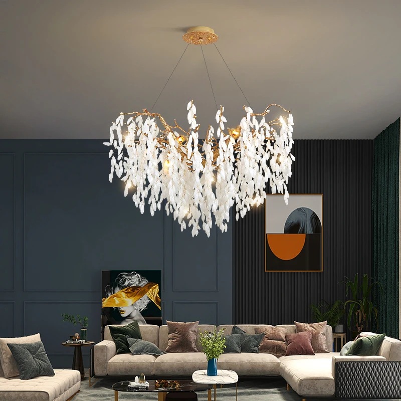 Round Crystal Chandelier Lights Gold For Dining Living Room Bedroom Tree Branch White Jade Lampshade Crystal Ceiling Chandelier