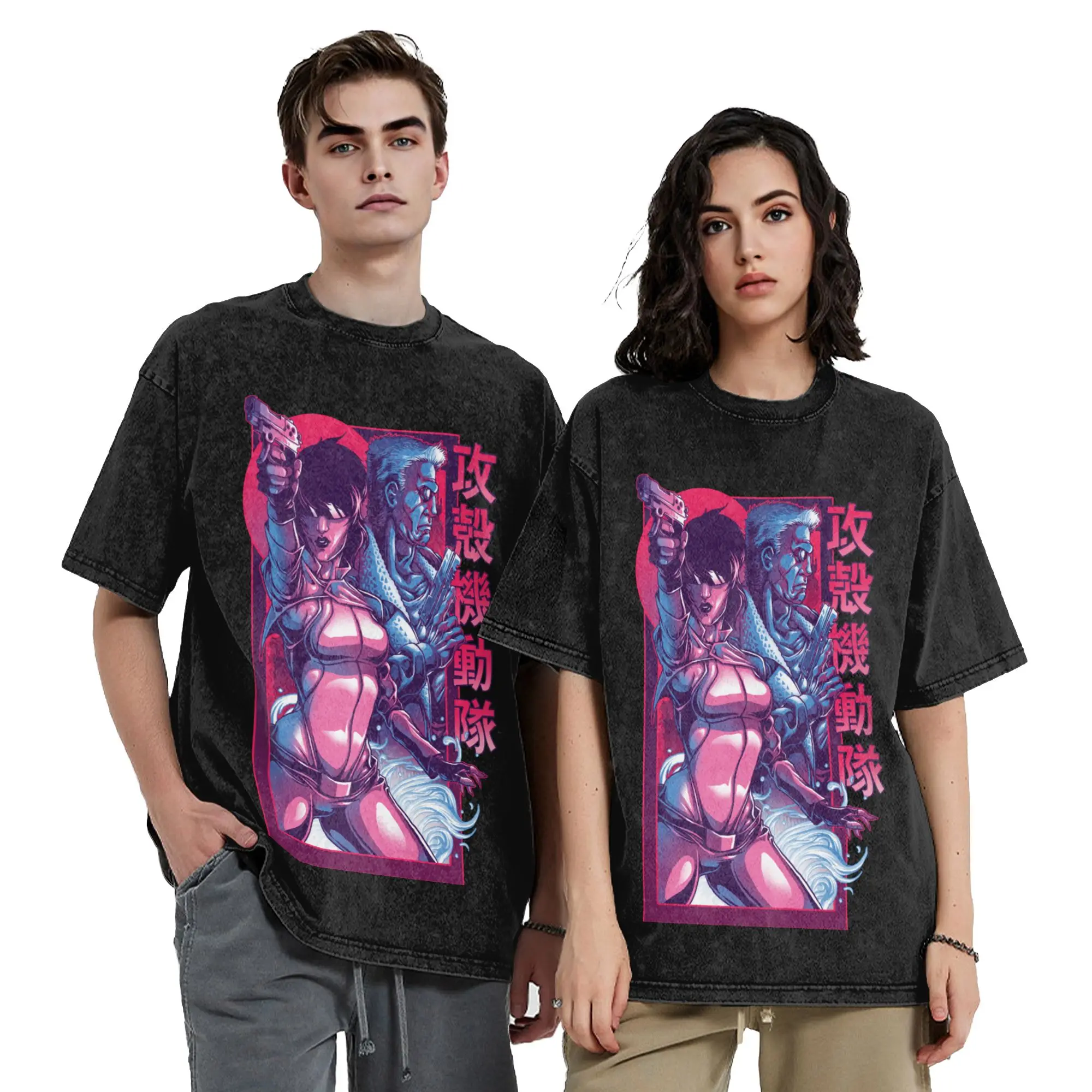 Harajuku Ghost in The Shell Vintage Washed T Shirt Men's O-neck Short Sleeve Top Tee  Cotton Summer Tops Shirts