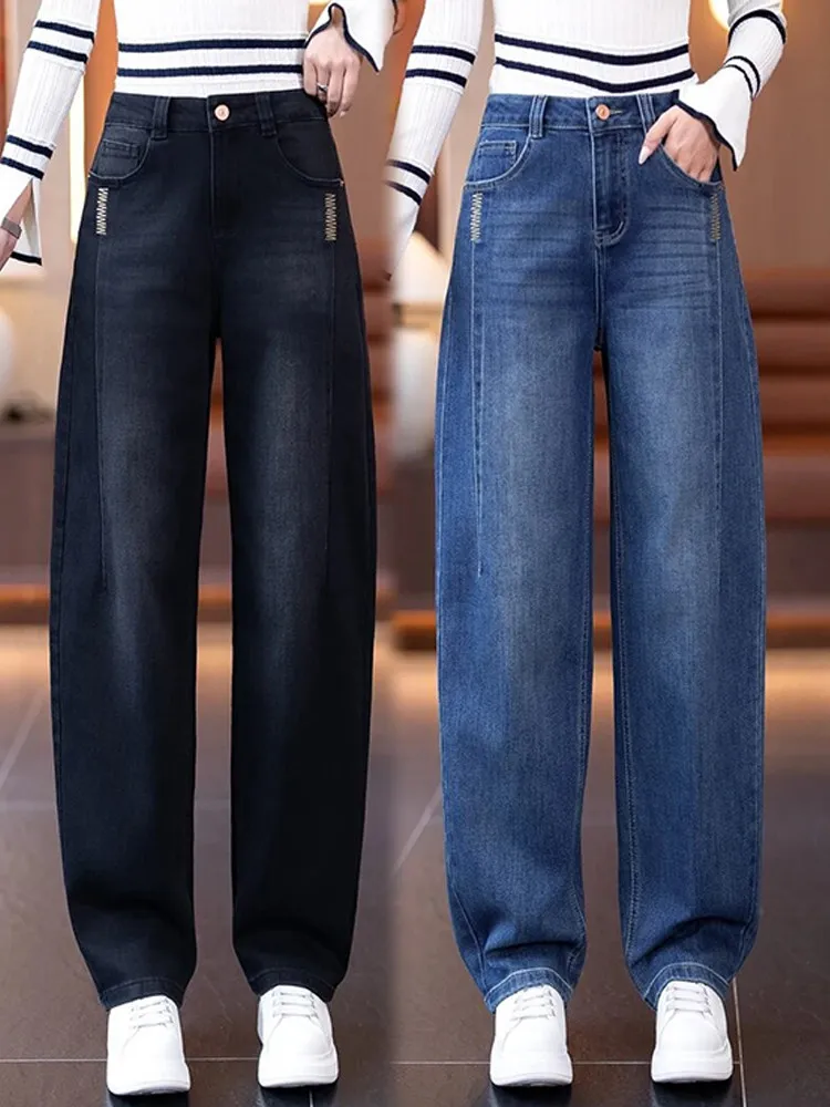 

High Waist Wide Leg Jeans Women's Fashionable Fleece Lined Loose Fit Slimming Casual Cotton Stretch Denim Pants