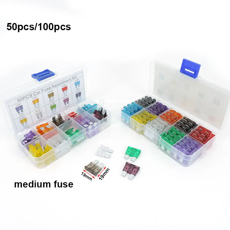 100pcs 50pcs box Car auto Fuse Assortment Set Profile medium Size Blade Type Fuse Auto Car Truck 2/3/5/10/15/20/25/30/40A Fuse p