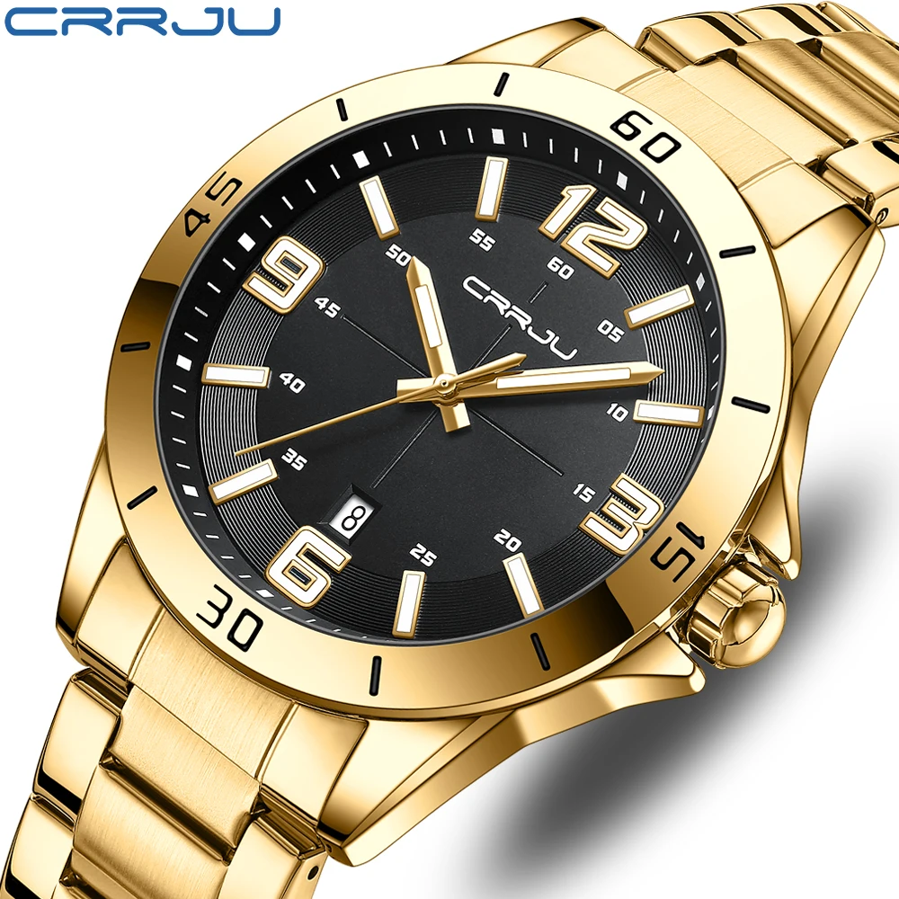 

CRRJU Top Brand Luxury Mens Watches Luminous Waterproof Stainless Steel Watch Quartz Men Date Calendar Business Wristwatch