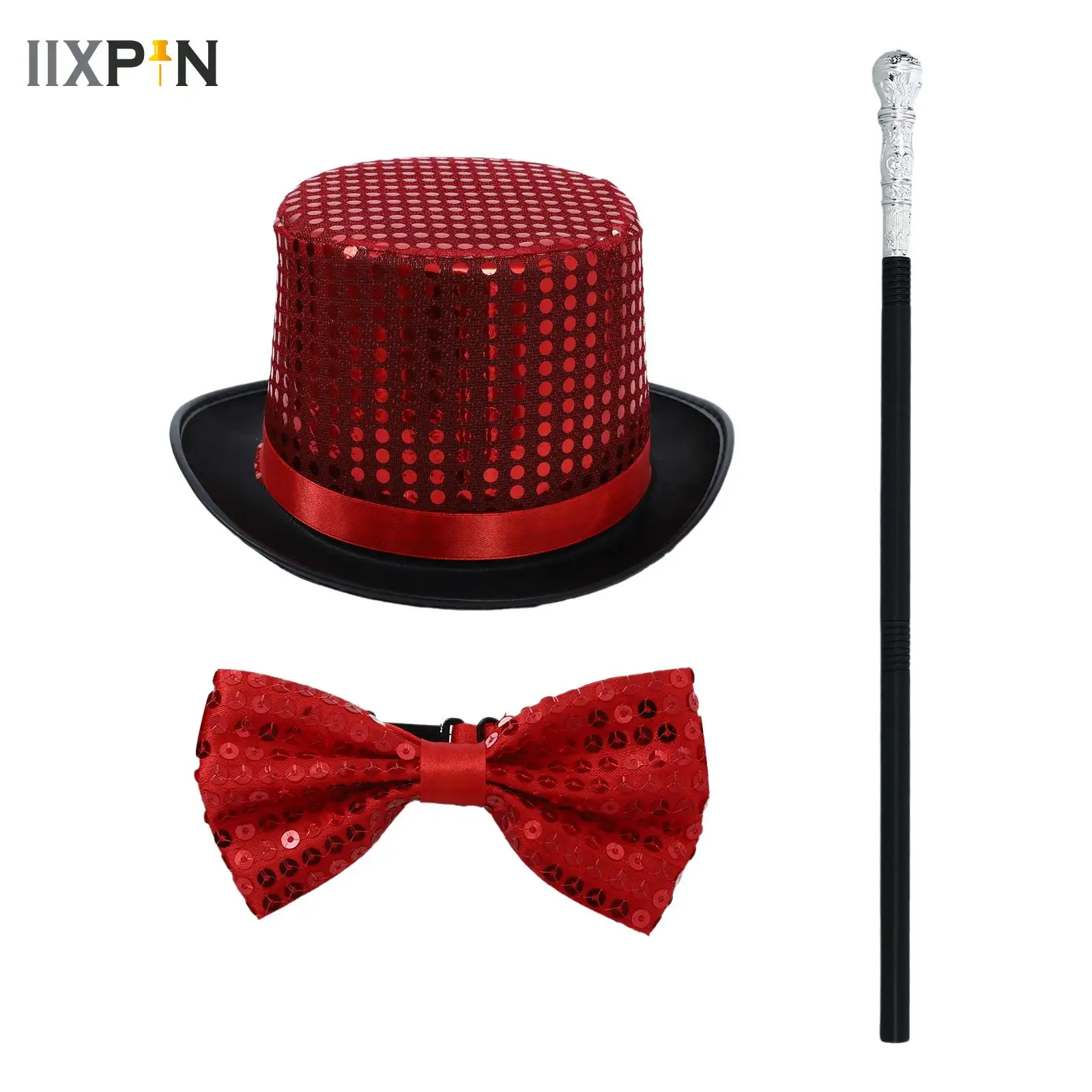 

3Pcs Festival Party Magician Cosplay Accessories Set Dress Up Sequins Top Hat Bowtie And Wand for Jazz Hip Hop Stage Performance