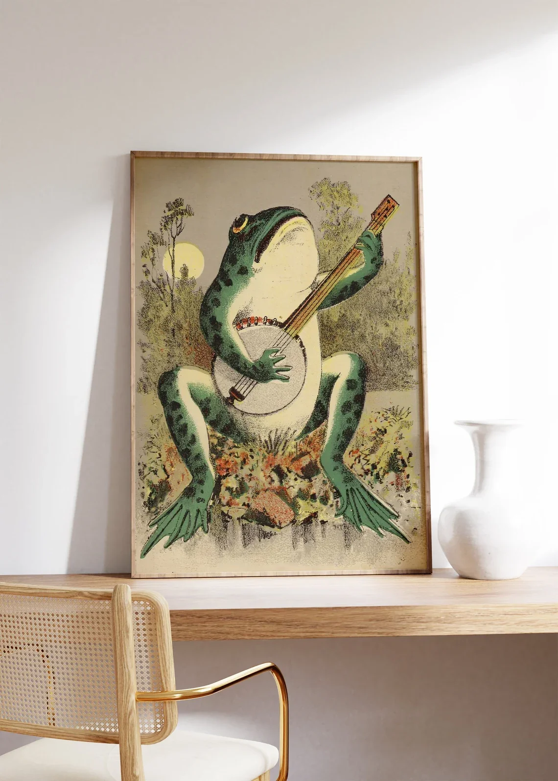 Frosch spielt Banjo im Mondlicht, Vintage-Poster, antike Frosch-Illustration, druckbare Wandkunst, Retro-Druck, Giclée-Poster,