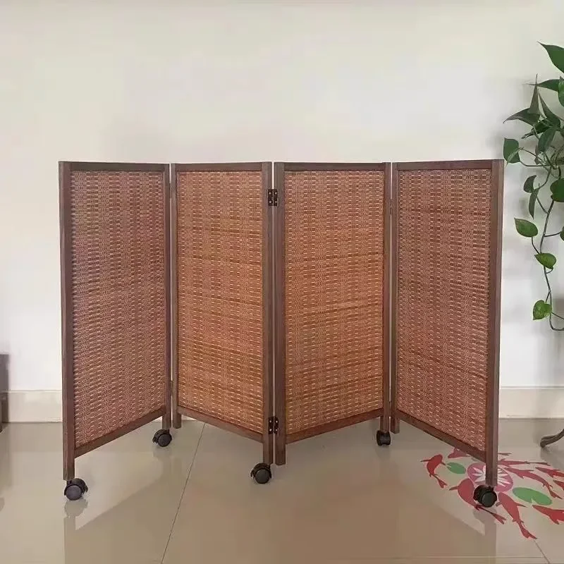 Portable Bamboo Folding Screen with Wheels Room Divider for Office Living Room Kindergarten Pet Area Corner Partition Decor