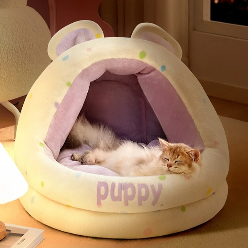 

Winter Warm Thickened Cat Beds Sleeping Sofa Velvet Semi Enclosed Dog Beds Large House Hiding Cat Villa Luxury Cute Pet Products