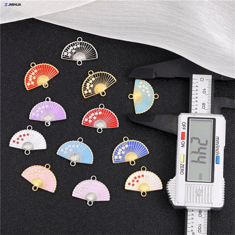 15pcs Enamel Fan Charms Connector Sakura Pattern Pendants For Crafts Jewelry Making DIY Bracelets Earrings Accessories