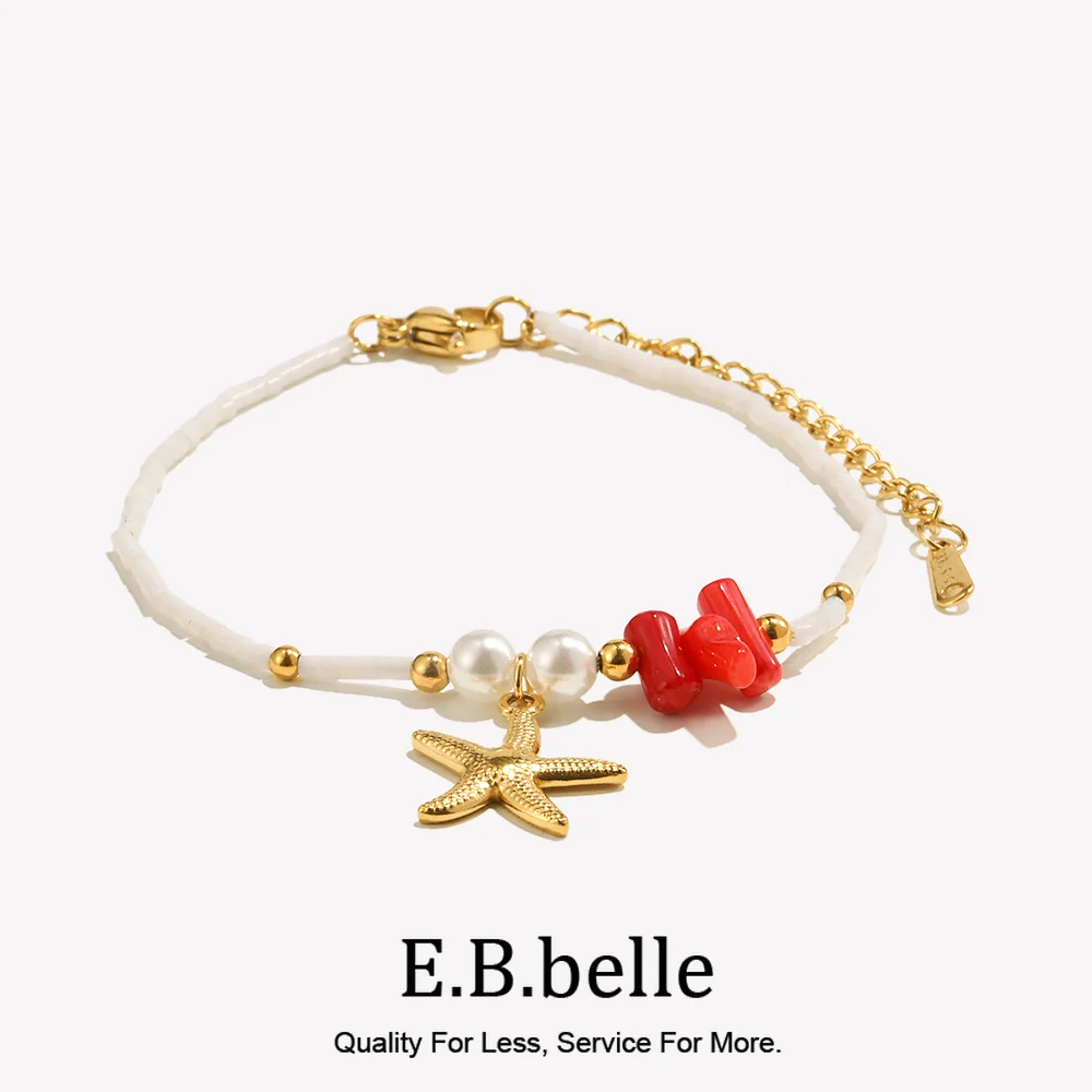E.B.belle Pulsera con colgante de estrella de mar de Color blanco chapada en PVD, joyería de mano impermeable de moda de acero inoxidable chapada en oro de 18 quilates
